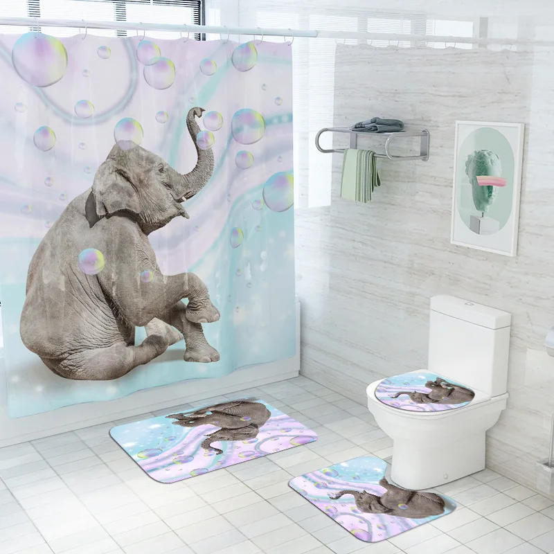 

Fantasy Bubble Funny Elephant Fabric Bathroom Shower Curtain Cute Cartoon Animals Non-Slip Rugs Toilet Lid Cover and Bath Mat