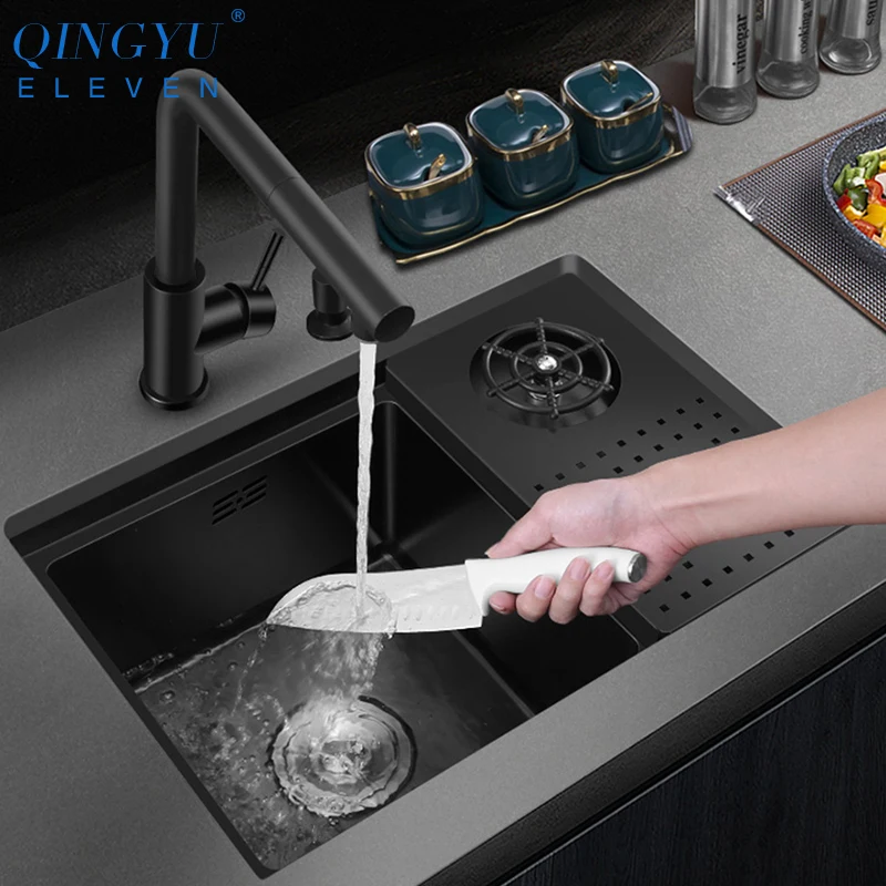 

Nanometer Black Cup Rinser Hidden Sink SUS 304 Stainless Steel Handmade Undermount Hidden kitchen Single Sinks