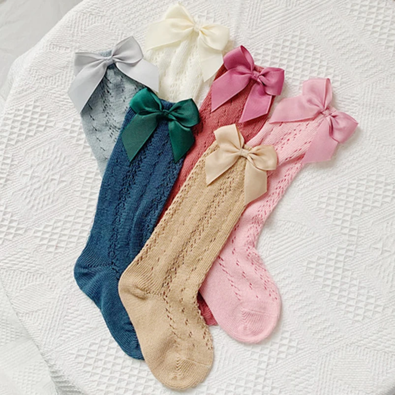 Calcetines largos hasta la rodilla para ni&ntilde;as de 0 a 8 a&ntilde;os, de malla de algod&oacute;n, con lazo, dise&ntilde;o lateral, botines, de princesa-1