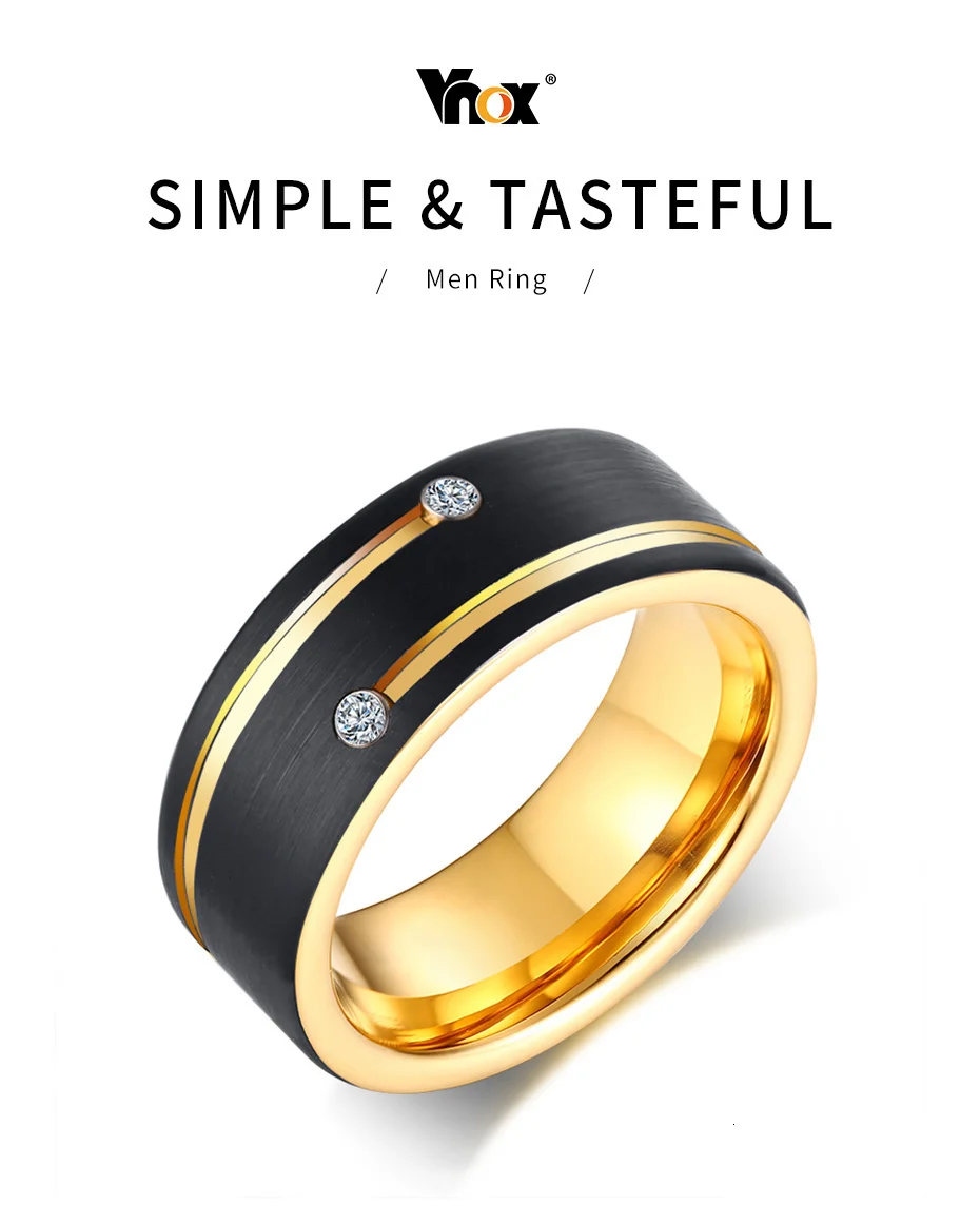 Vnox Free Custom Name Ring for Men Black Tungsten Carbide Wedding Band with Gold Tone Lines AAA CZ Stones Gent Anel