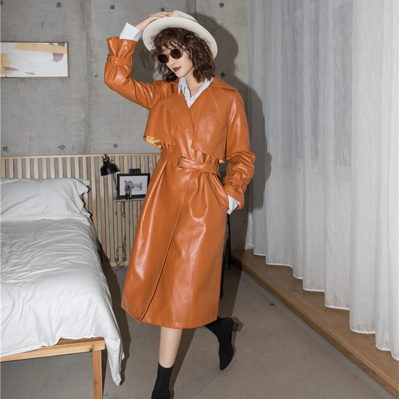 

[EAM] Women Yellow Pu Leather Long Leisure Trench New Lapel Long Sleeve Loose Fit Windbreaker Fashion Tide Spring 2021 1X480