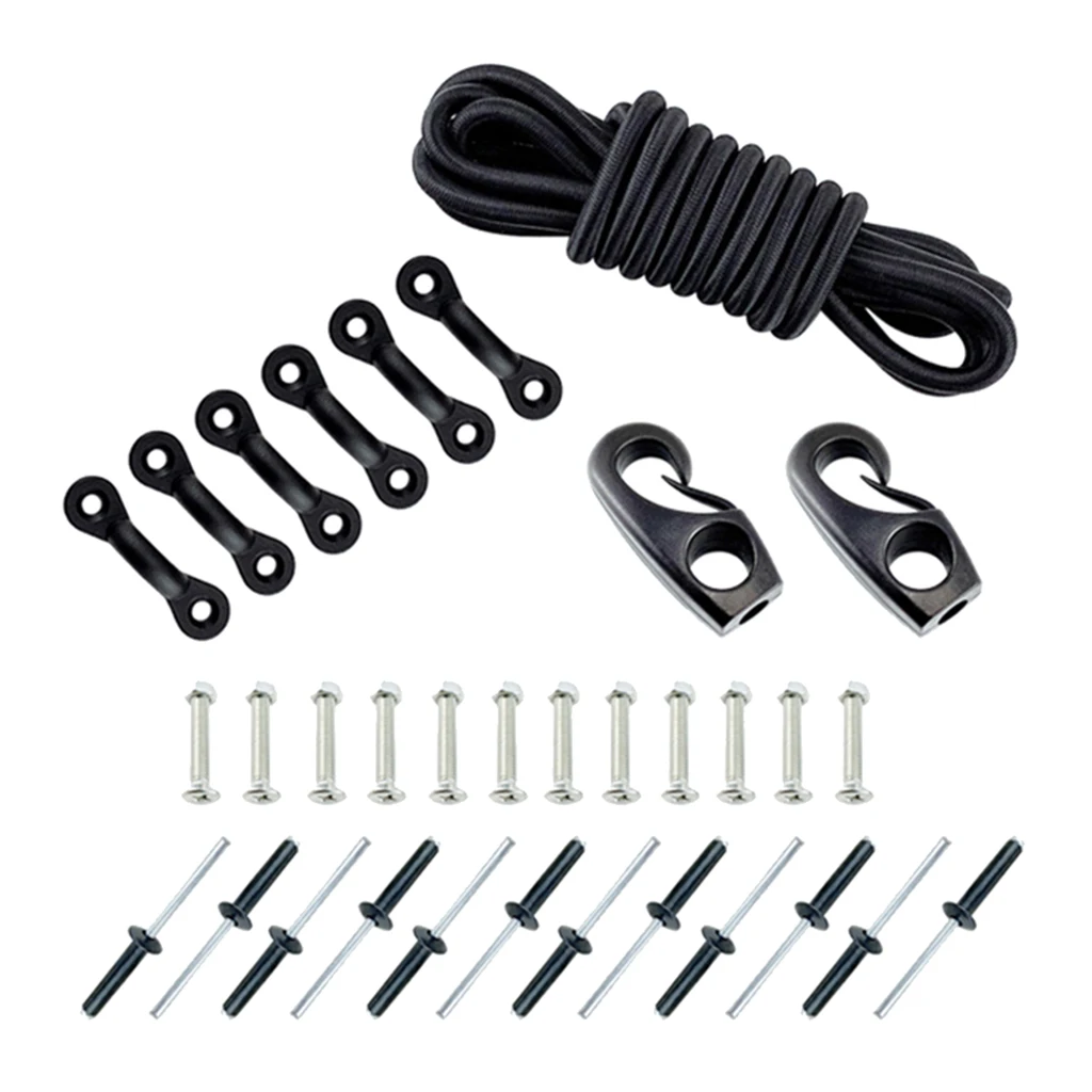 

Kayak Boat Bungee Kit 2.5m String 6 Pad Eyes 2 Cord Ends 12 Screws 12 Rivets