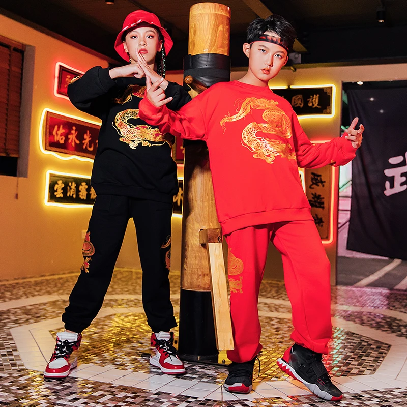 

Children'S Hip-Hop Costumes Loose Chinese Style Sweaters Hiphop Suit Black/Red Outfits Jazz Street Dance Rave Wear 120-170