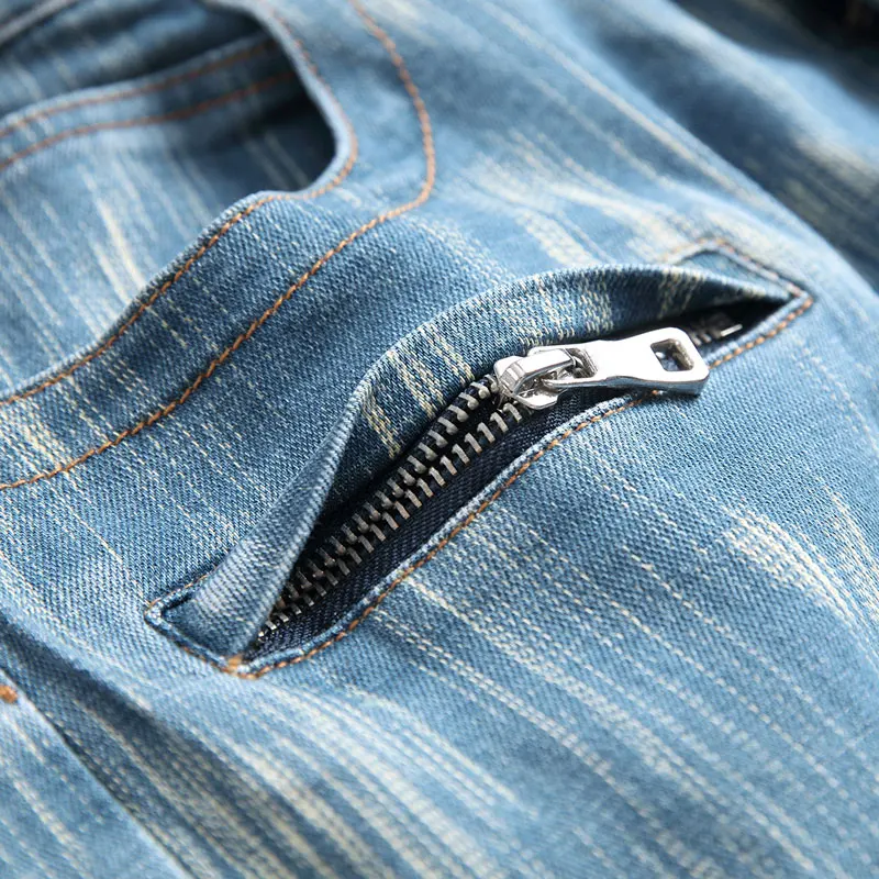 Male Folds Denim Pants Mens White Slim Fit Stripe Pencil Jeans Stretch Biker Trousers Men Hip Hop Streetwear Pant Hommes | Мужская