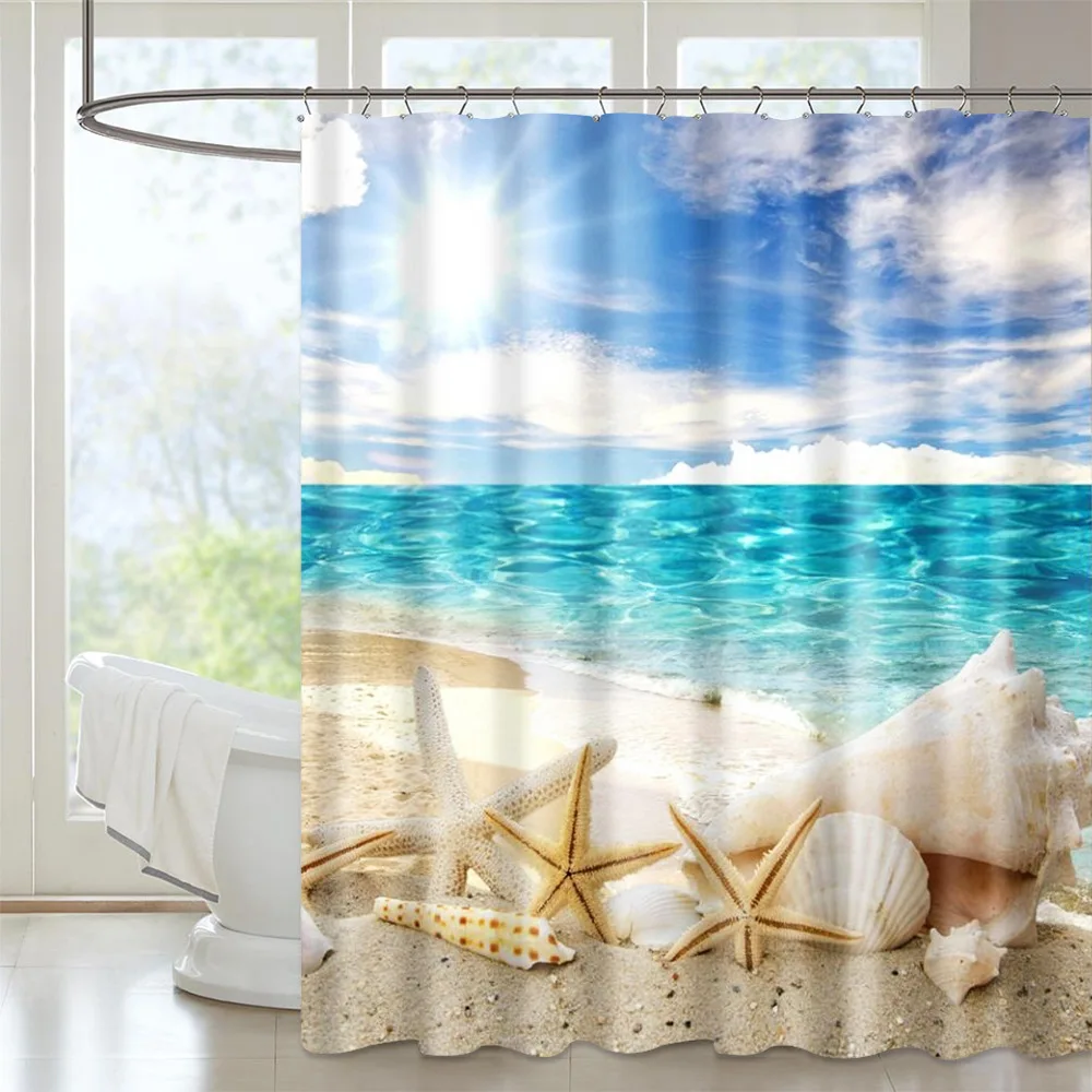 

Ocean shower curtain polyester waterproof bathroom shower curtain send ring set ring beach digital printing curtain bath curtain