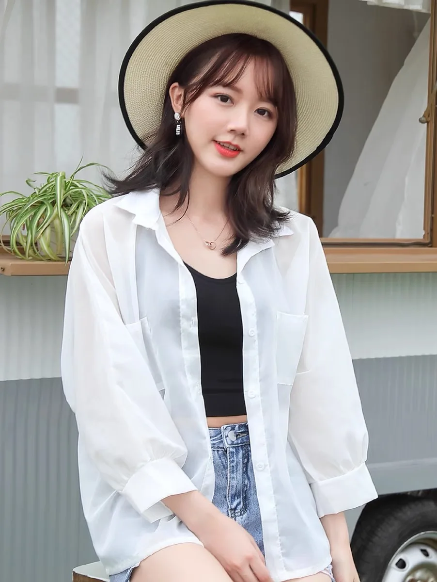

2021 new summer sunscreen shirt loose Thin Long Sleeve Chiffon shirt cardigan coat