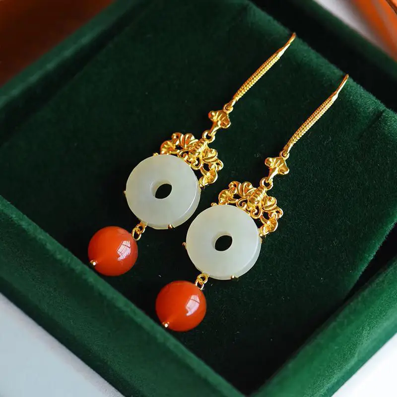 

Natural Hetian Jade Peace Buckle Earrings S925 Sterling Silver Inlaid Southern Red Agate Earrings Women's Retro Ethnic Earrings