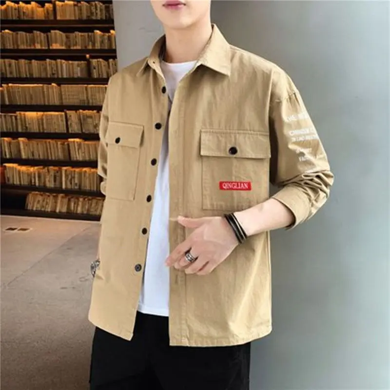 

Long Sleeve White Autumn Letter Print Casual Shirt Men Fashion Streetwear Social Loose Winter Cotton Cargo Military Shirts Male