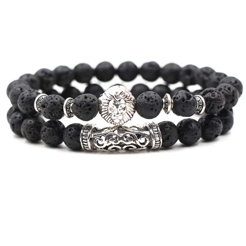 Женский браслет с бусинами из натурального камня черный вулканического головой