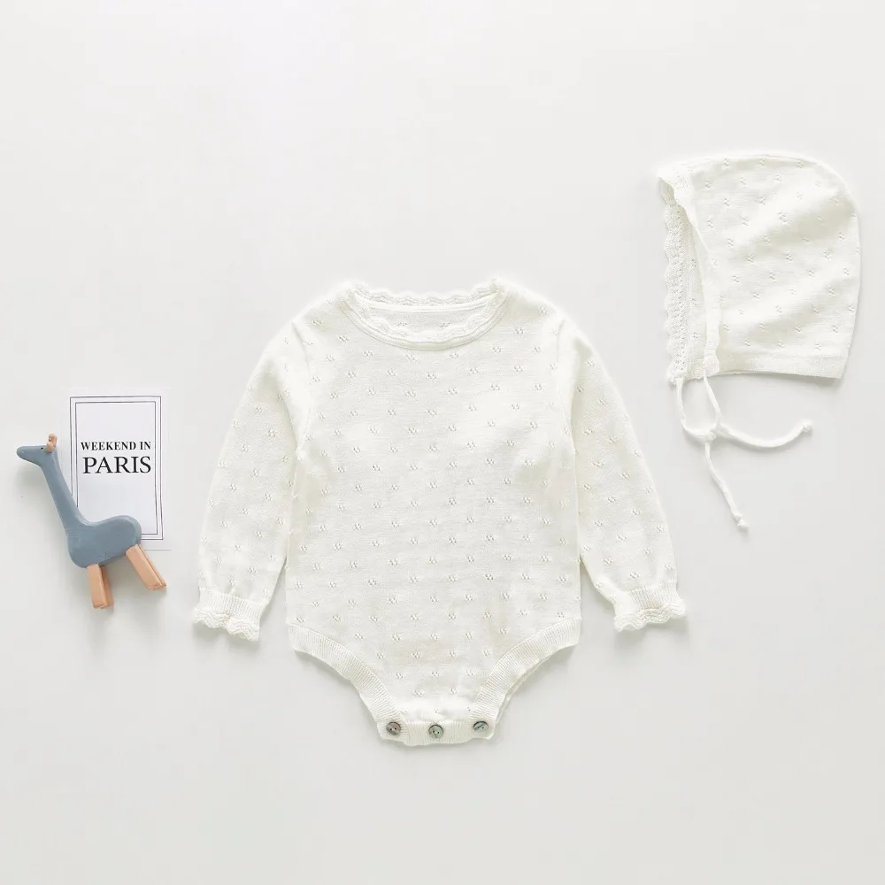 

Newborn Girls Boys Romper Hollow Out Knitted Baby Clothes Cotton Outfits Toddler Infant Jumpsuit With Hat Long Sleeve Autumn