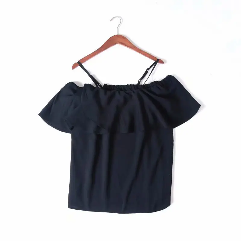 Женская свободная футболка на бретельках шифоновая размера плюс с оборками B19008