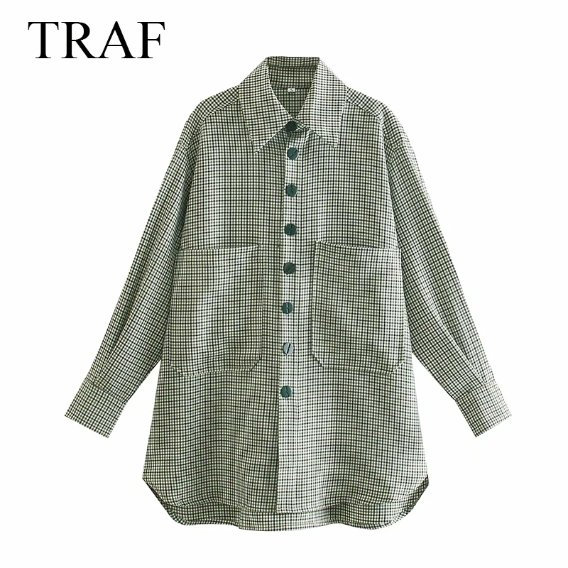 

TRAF ZA Women's Clothing TRAF Blouses And Shirts Fashion Houndstooth Plaid Long Sleeve Shirt Vintage Button-Up Casual Shirt