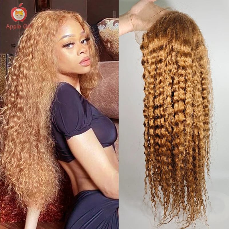 32 Inch Transparent Lace Front Wig Honey Brown Brazilian Water Wave Human Hair Lace Frontal Wigs 180% Density 13x4 SIZE
