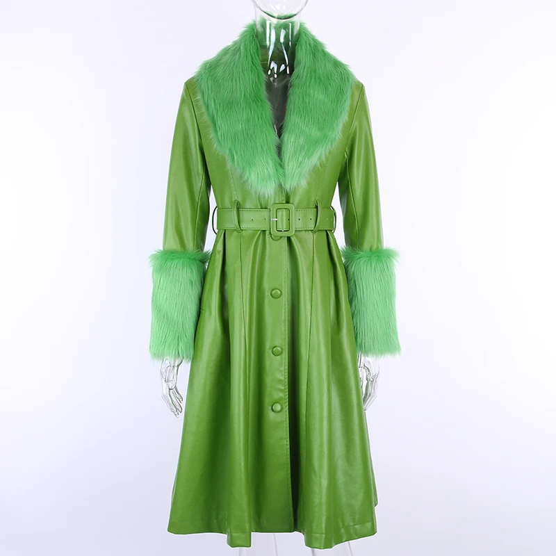 WannaThis Faux Leather Fur Coat Women With Belt Warm Thick Outwear PU Leather Streetwear Female Elegant Outwear Long Coat Green