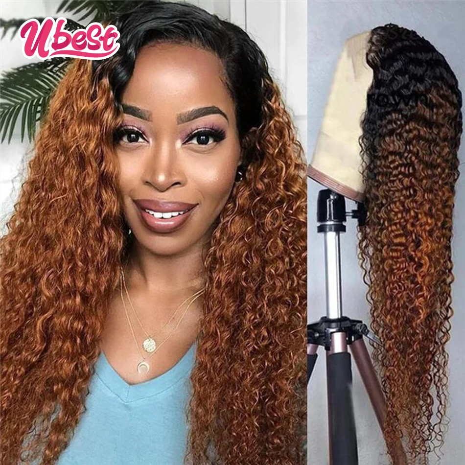 

Ombre 30 Transparent Curly Human Hair Wigs Deep Curly Lace Frontal Wig Brown Brazilian Hair Wigs for Women 30Inch Pre Plucked