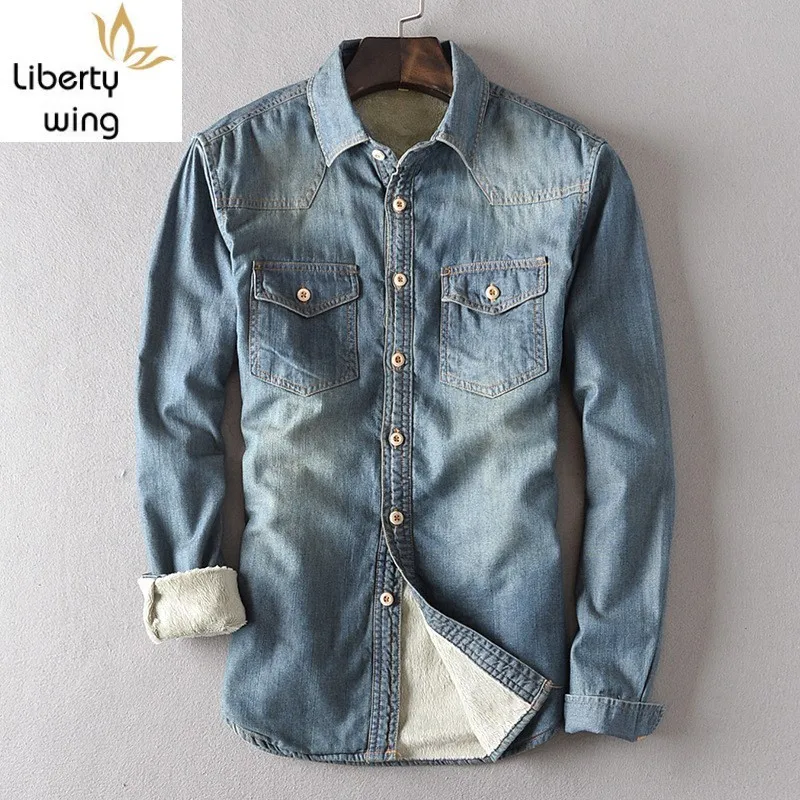 

Winter Fall Warm Fleece Lined Cotton Denim Shirts Solid Blue Pockets Jeans Shirt Men Loose Fit Leisure Male Coat Chemise Homme