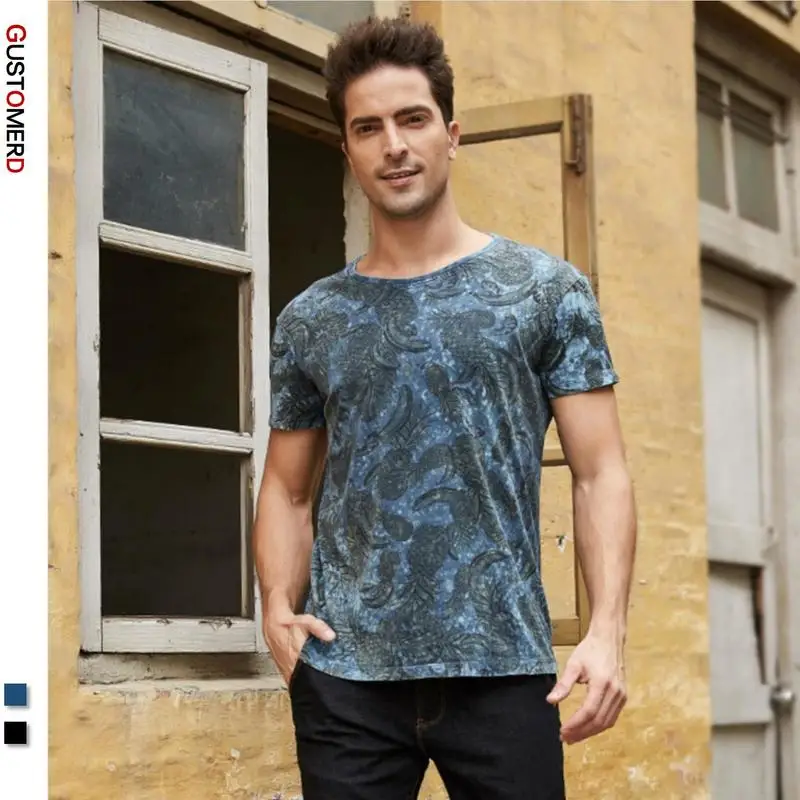 Мужская хлопковая футболка GustOmerD облегающая Винтажная с коротким рукавом и