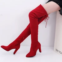 size43 faux suede thigh high boots sexy stretch over the knee boots high heels pointed toe long boots women shoes black gray red