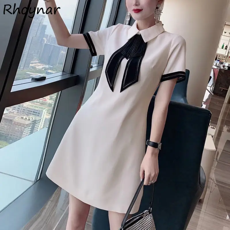 

Short Sleeve Dress Women Summer Holiday Patchwork Fashion Mini Elegant Lady Sundress All-match Turn Down Collar Leisure Simple