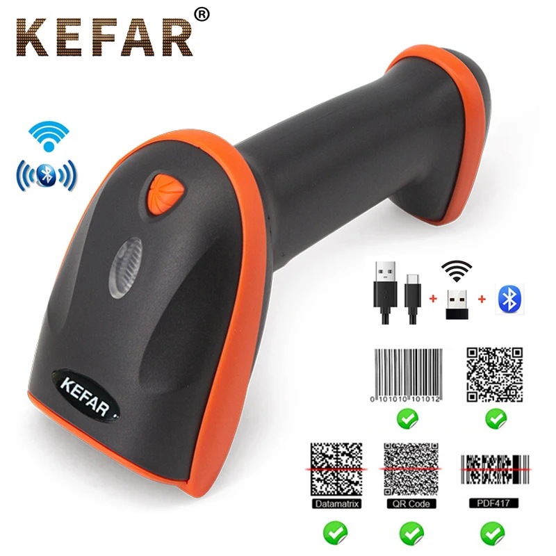 

Беспроводной 2D сканер штрих-кода KEFAR V8, Bluetooth 2,4G и проводной Ручной считыватель штрих-кодов QR PDF417, USB, поддержка мобильного платежа iPad