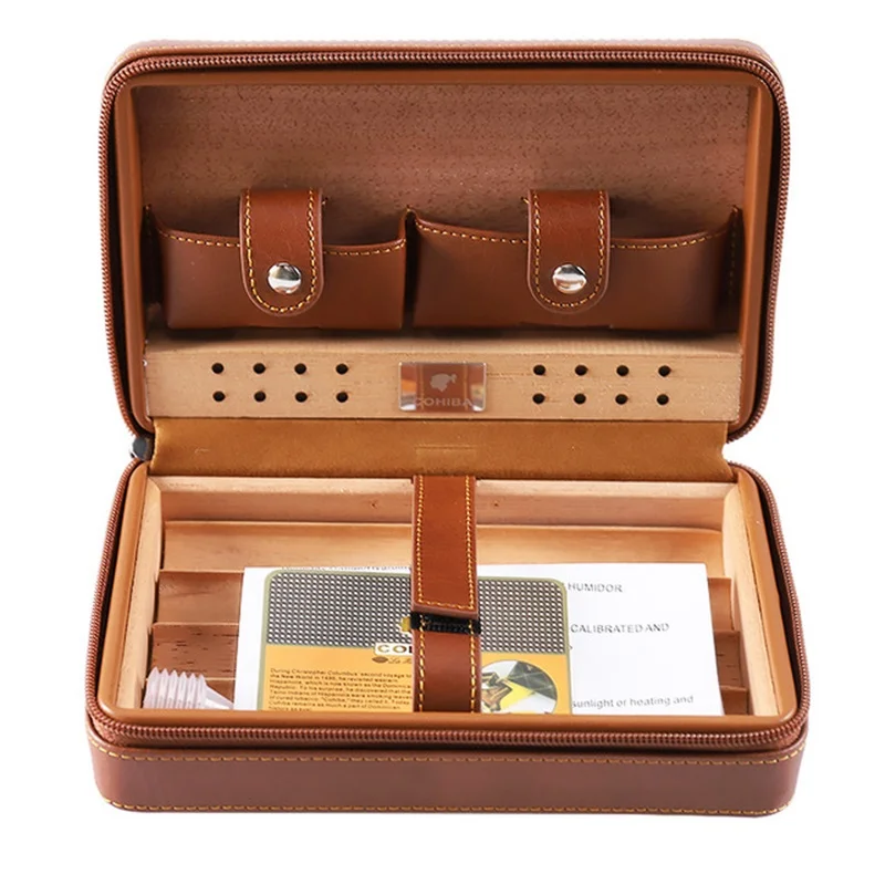 Cedar Wood Portable Cigar Humidor Travel Leather Case Cigars Holder NO Lighter Cutter Humidifier Humidor Box for COHIBA CH-001