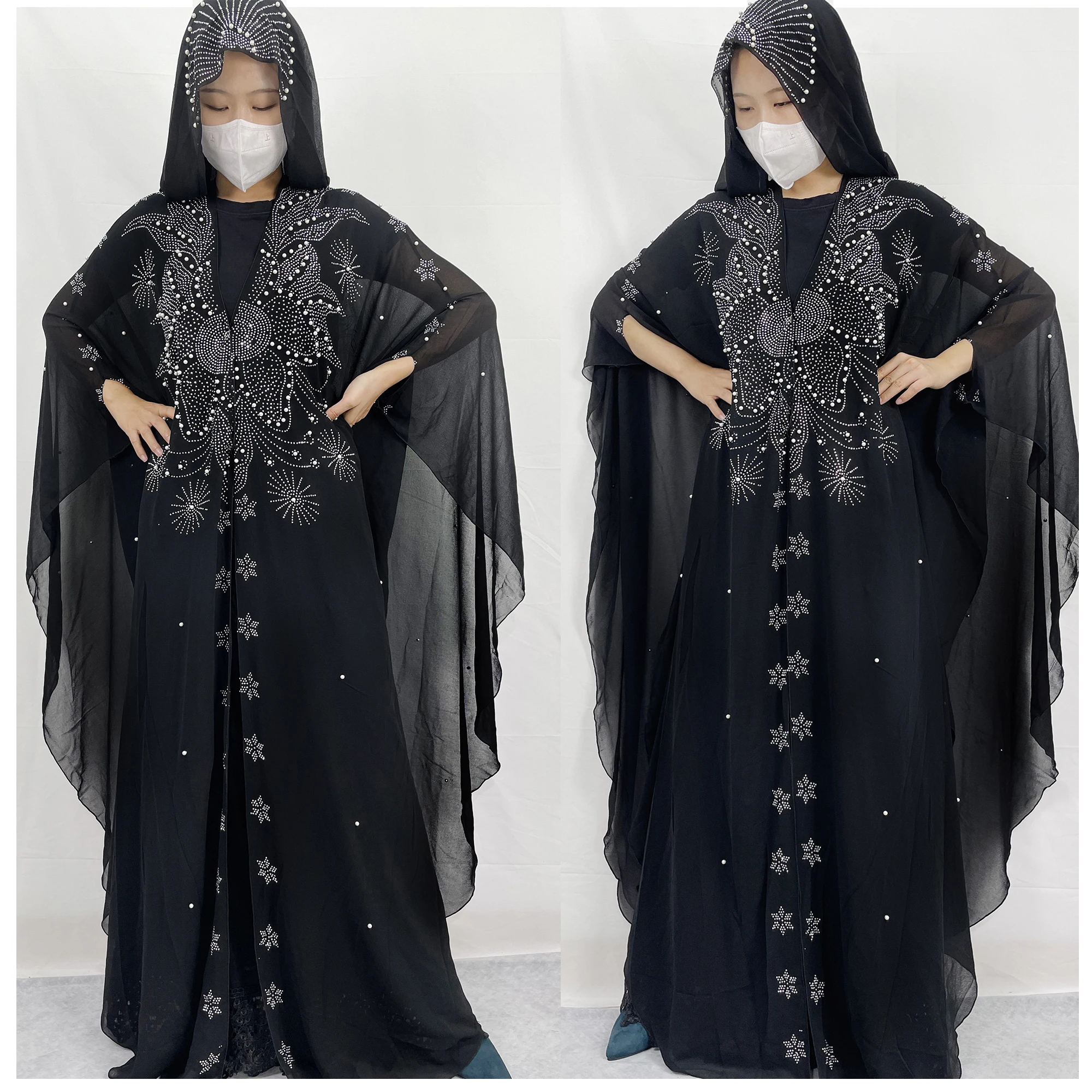 

New Open Abaya Dubai Turkey Muslim Hooded Dress Women Chiffon Kaftan Beads Luxury Cardigan Plus Size Boubou Islamic Clothing