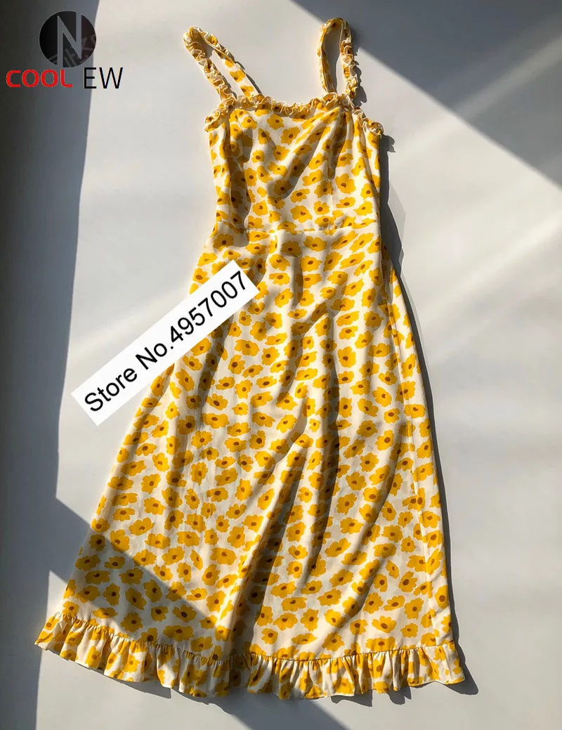 

Elfbop шелк и вискоза женское желтое свежее маргаритки праздничное пляжное платье в ленивом стиле модное платье миди на бретелях с оборками