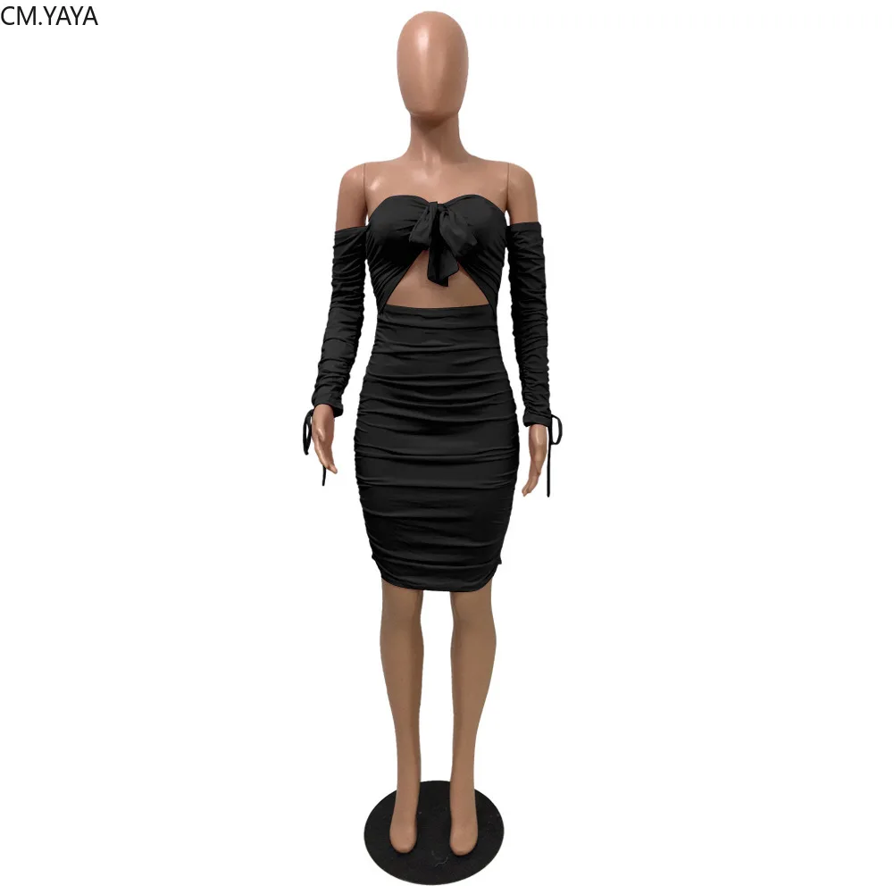 2019 women autumn off shoulder cut out tie up long sleeve drapped midi dress vintage female sexyt party vestidos dresses GL1118 | Женская