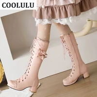 coolulu white lolita boots knee high platform boots with bow chunky heel cosplay boots women winter warm cute boots for ladies