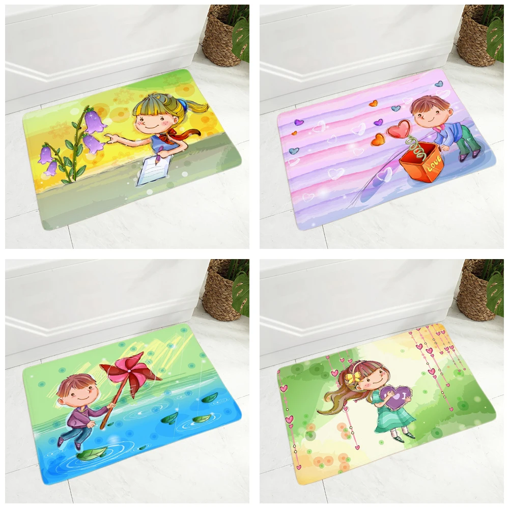 

Colorful Cute Cartoon Girl and Boy Floor Mat for Children Room Hallway Non-Slip Decor Kid Doormat Flannel Carpet 40x60cm