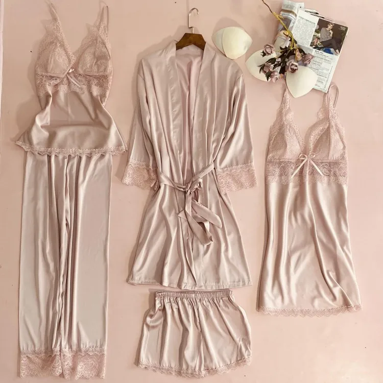 

FAKUNTN Sleepwear Female Satin Lace Pajamas Suit Sexy Kimono Robe Gown Loose Hollow Out Home Clothing Casual Pyajamas Nightwear