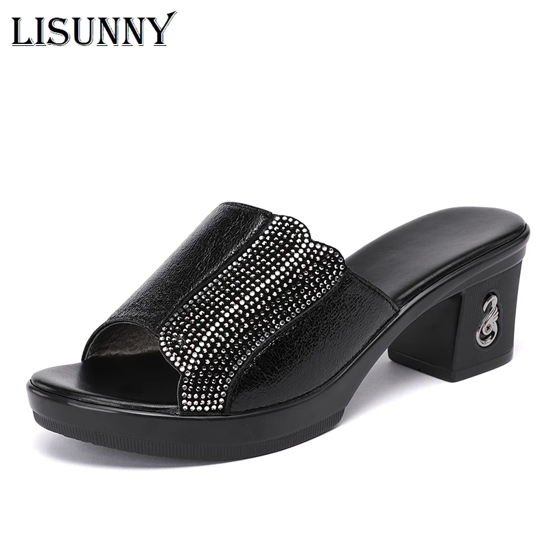 

Женские босоножки LISUNNY, из натуральной кожи, на толстом каблуке, мягкие, противоскользящие, стразы, лето 2020