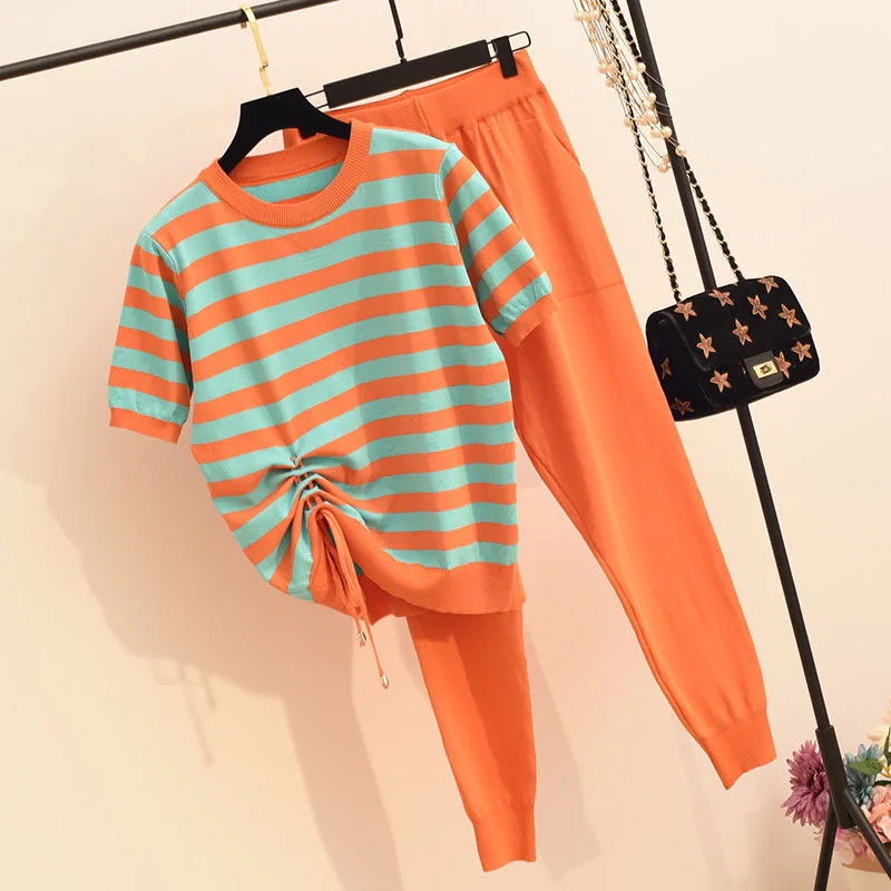

Lace Up Pleated Striped Short Sleeve Knitted 2 Piece Women Contrast Color Patchwork Knitwear Tops + Harem Pants Casual Tracksuit