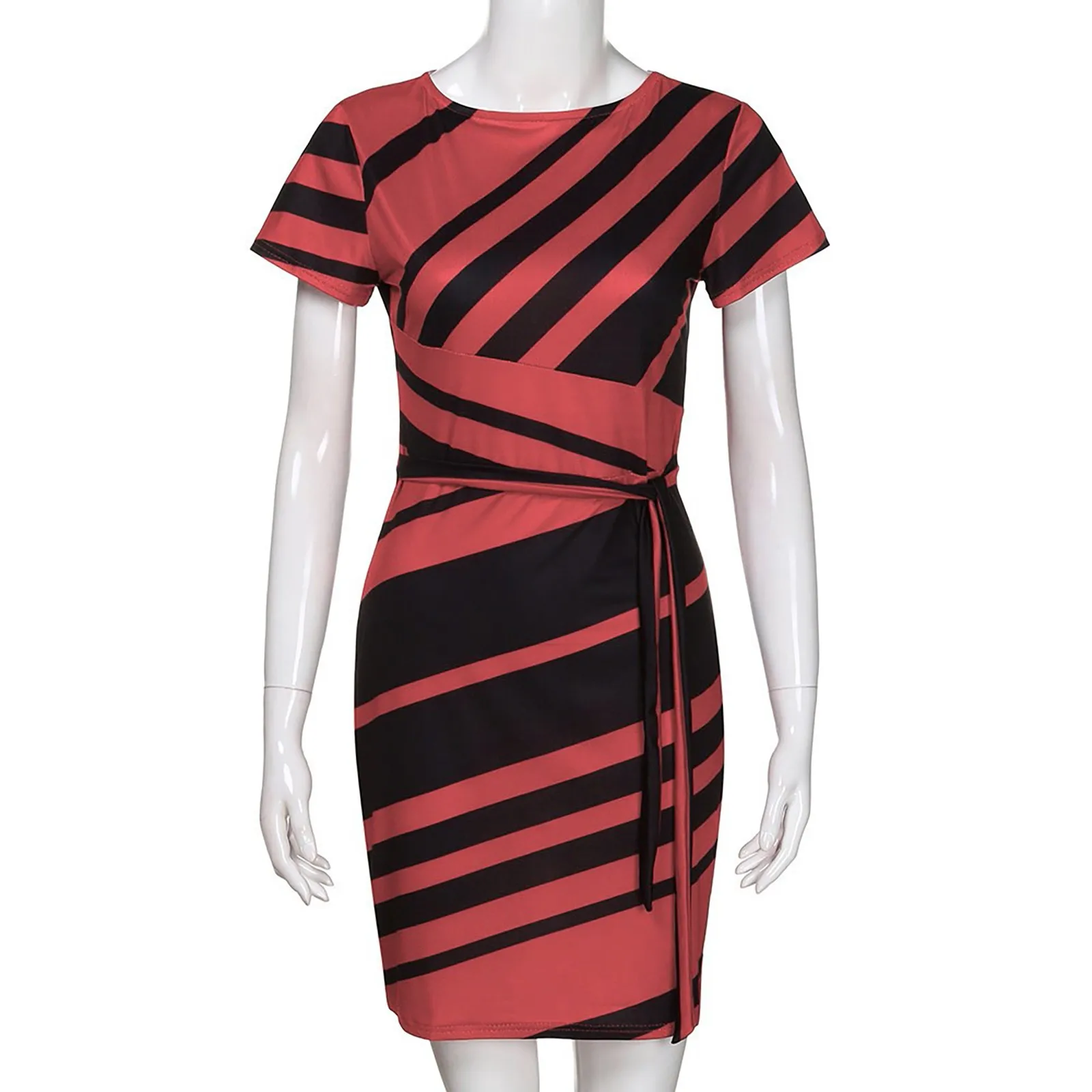 

Women Dresses Stripe Pritn O-neck Midi Dress Short Sleeve Bodycon Dress Ladies Elegantly Autumn Summer Party Casual Pencil Dress