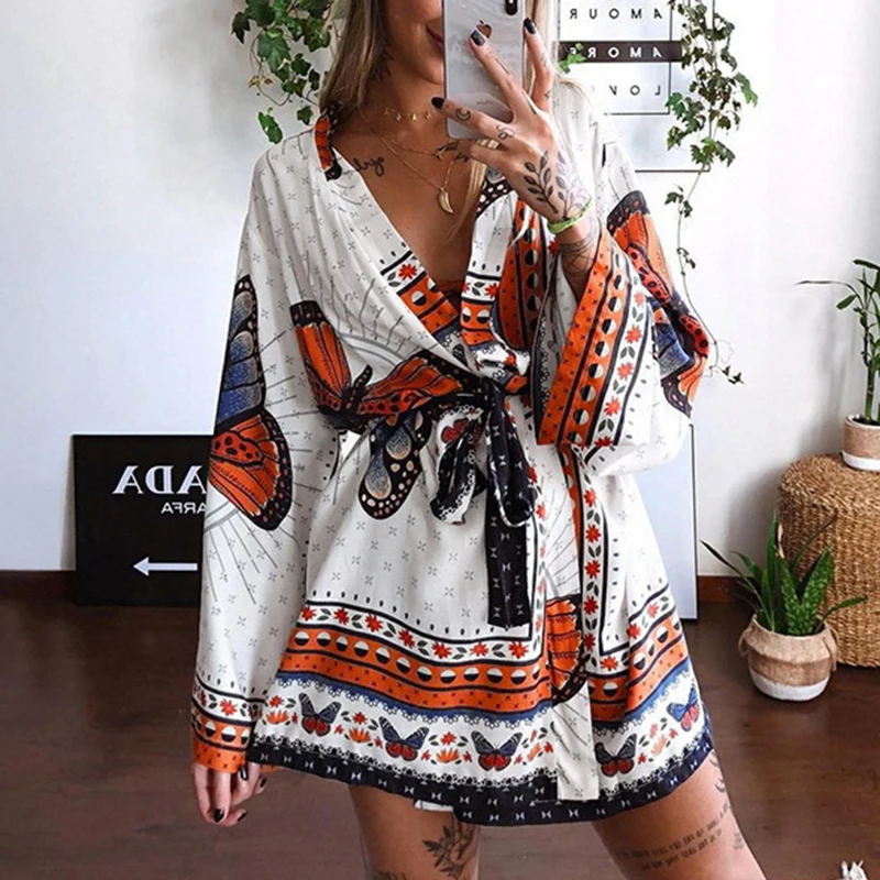 

Loose Butterfly Print Vintage Dress Women V-Neck Mini Casual Waist Strap Dresses Office Ladies Fashion Dress Vestidos Mujer Robe