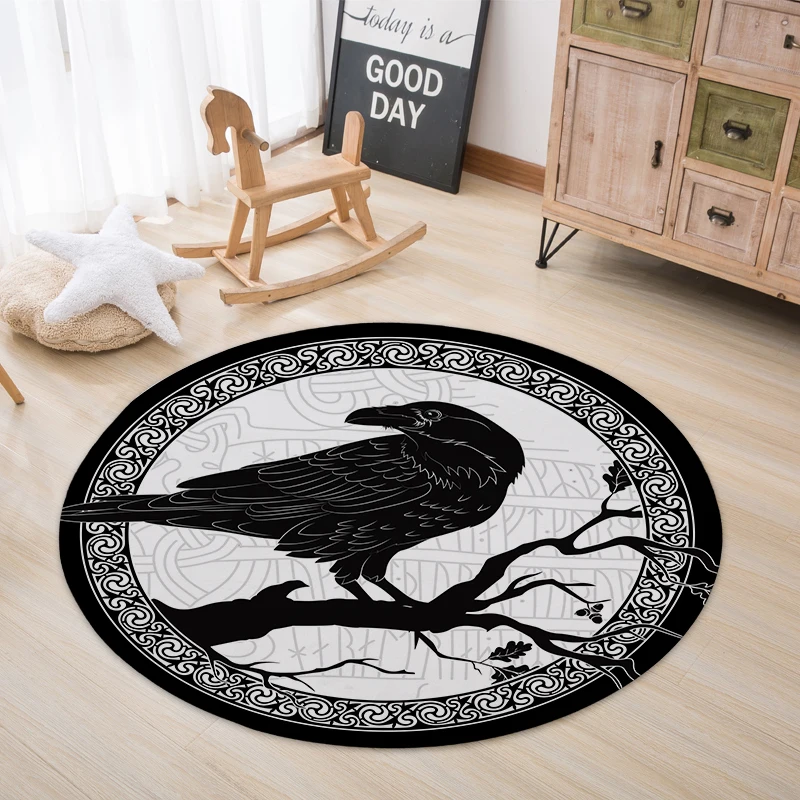 Круглый ковер FYMX в стиле ретро с рисунком животных нескользящий черной серии для