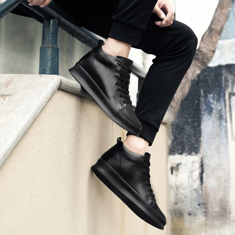 

Increase Simple Pure Black Sneakers High quality all Black Men's leather casual shoes Fashion Breathable Sneakers fashion flats