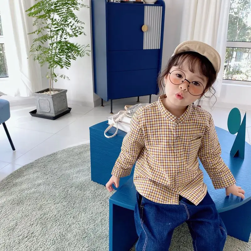 WLG/рубашки для мальчиков и девочек Детская модная рубашка в клетку желтого синего