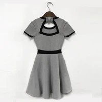 knitted high waist women sweater dress back bow knot hollow out short sleeve a line pleated o neck mini feamle slim fit dress