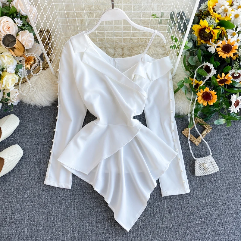 

Women's Temperament Beaded Full Shirt Female Design Off-shoulder Irregular Notched Top Office Lady Solid Tops and Blouses Ml670