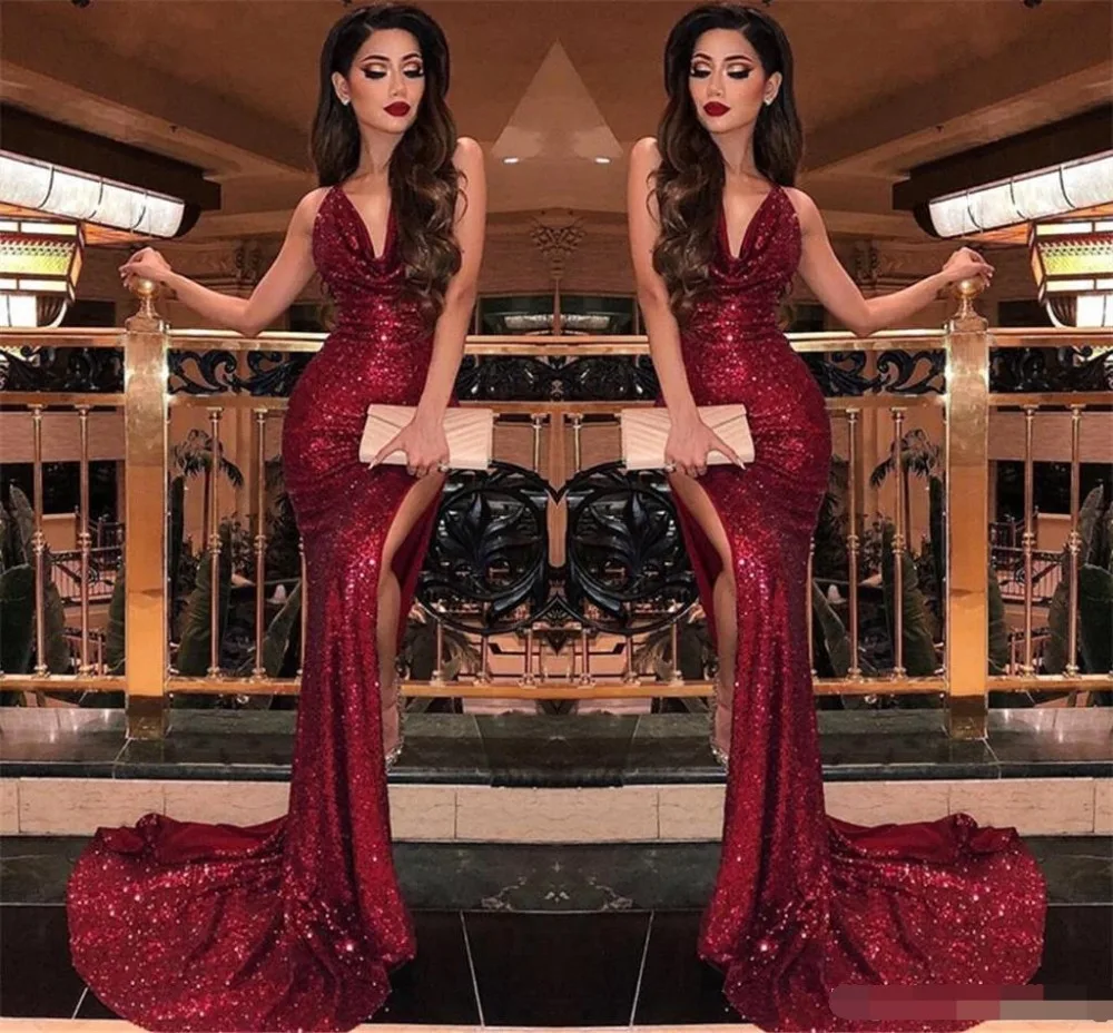 

2019 Burgundy V Neck Sequins Mermaid Prom Dresses Sexy High Slits Vestido De Festa Sweep Train Formal Long Evening Party dress