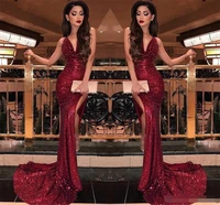 2019 burgundy v neck sequins mermaid prom dresses sexy high slits vestido de festa sweep train formal long evening party dress