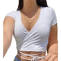woman t shirts 2021 women new sexy pure color v neck bandage short crop top short sleeve t shirts