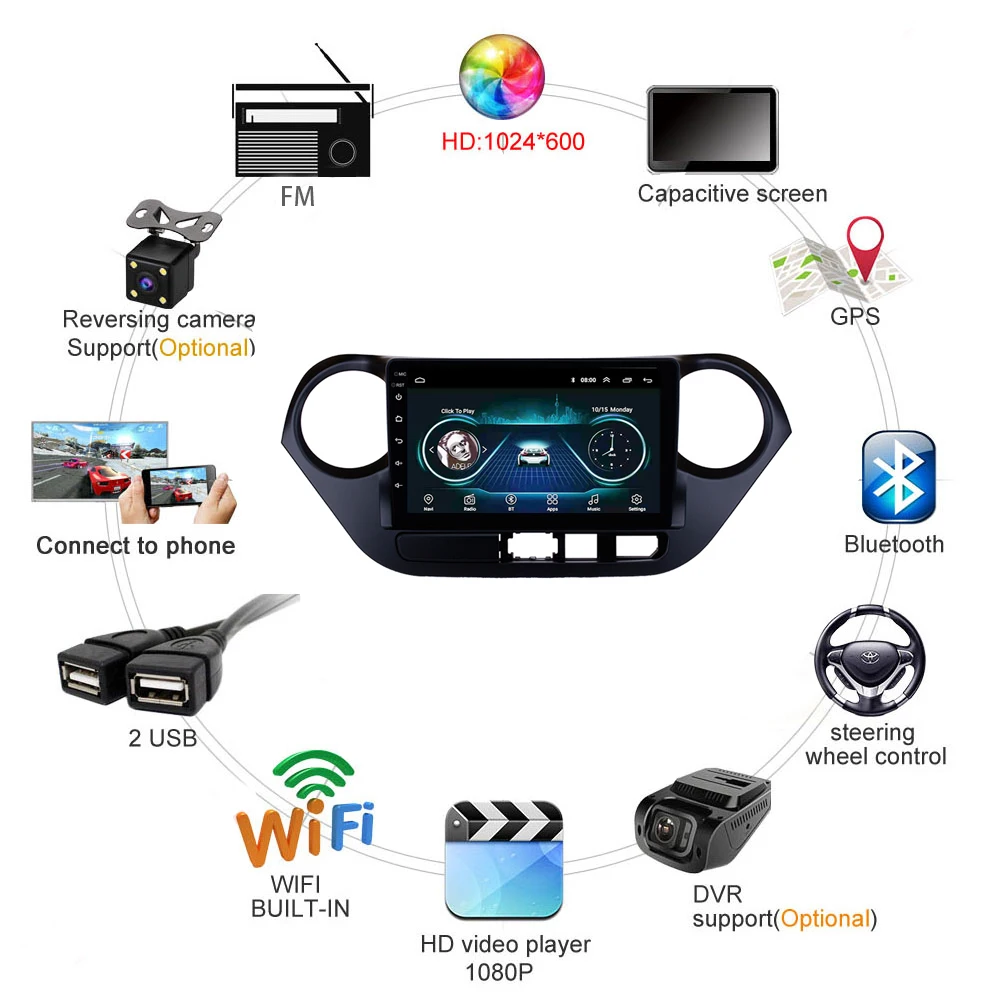 Автомобильное радио для Hyundai i10 2013-2016 мультимедийный плеер 9 дюймов Android 8 1 GPS