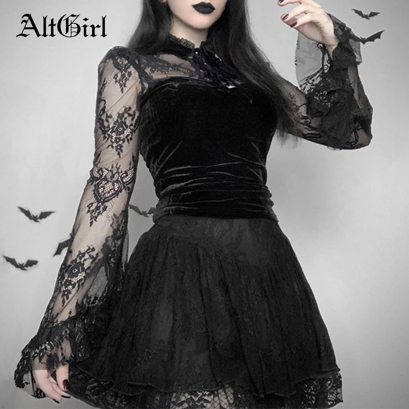 

AltGirl Vintage Gothic Lace T-shirt Women Streetwear Punk Sexy Long Sleeve Mesh Patchwork See Through Crop Tee Top Indie Clothes