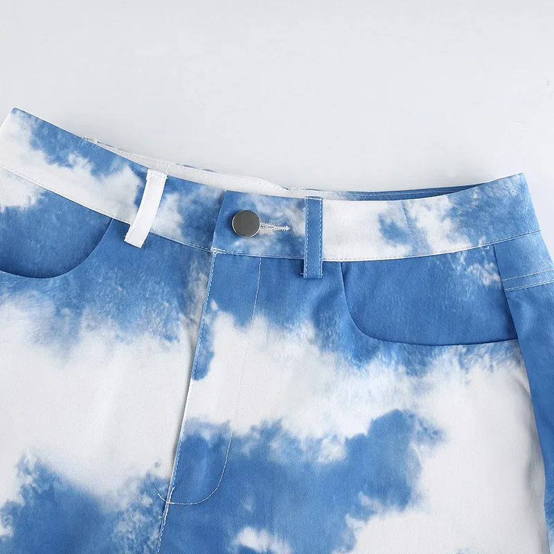 

Autumn Tie-Dye Print Denim Women's Long Pant Mid-Waist Straight Pocket Female Pants New Fashion Streetwear Casual Ladies Bottom