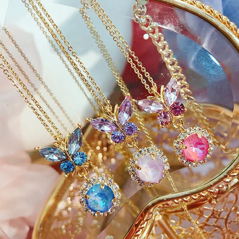 

Color Crystal Small Butterfly Round Ocean a Gem Pendant Alloy Necklace 2021 New Fashion Jewelry Party Gift