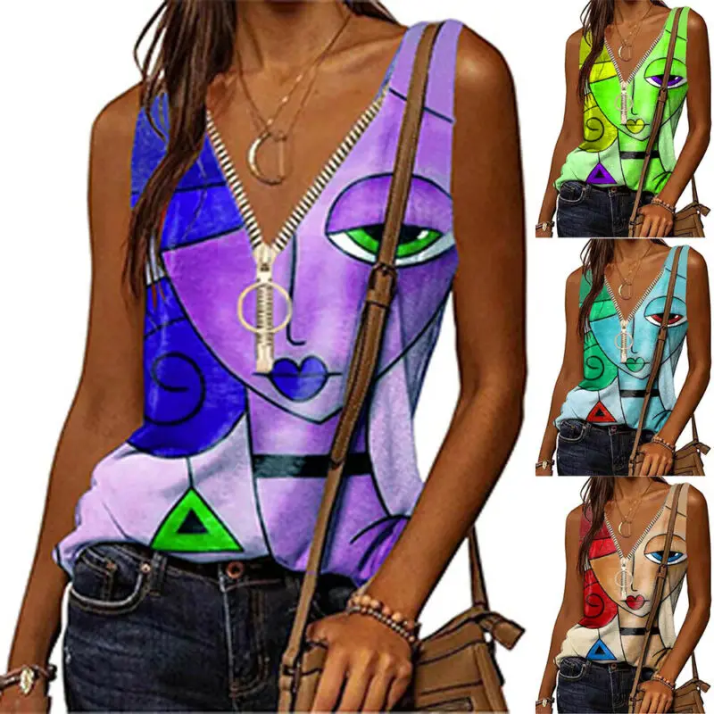 

Zipper V-Neck Camisole Tank Tops Women Cartoon Printed Sleeveless Casual Loose 2021 Summer Fashion Style Ladies Vest T Shirt