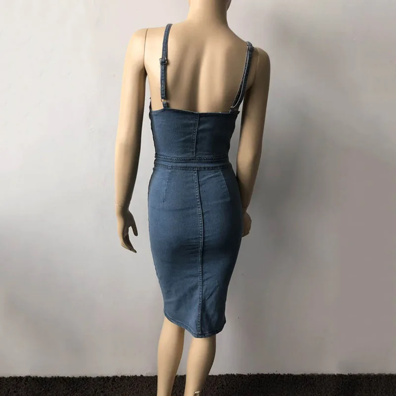 

Sexy Denim Women Dress Fashion Solid Backless Bandage Hollow Out With Button Knee Length Spandex Spaghetti Strap Dress