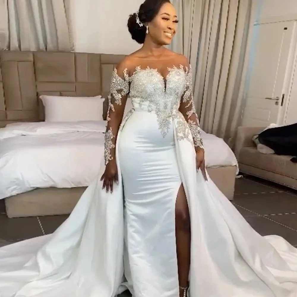 

Mermaid Wedding Dresses With Detachable Skirt Off The Shoulder Satin Bridal Gowns Crystals Wedding Dress Vestido de Noiva